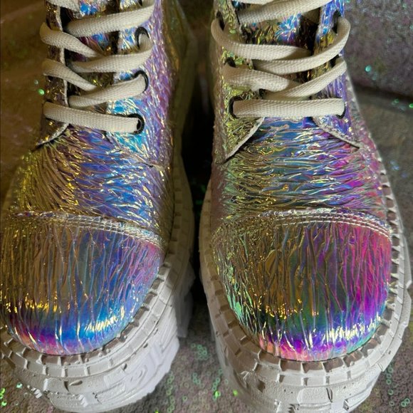 New Rock Dolls Kill Holographic M-WALL005-V44 Platform Boots Iridescent Festival - Picture 5 of 9